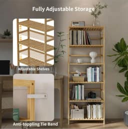 Adjustable 6-Tier Bamboo Bookshelf Free Standing Shelving Rack for Home Office Storage Organization