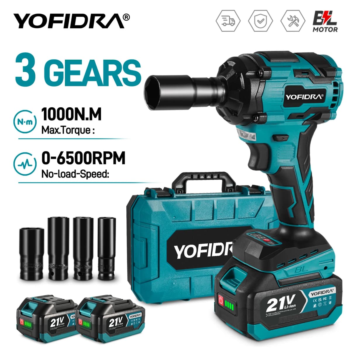 YOFIDRA 1000N.m Brushless Electric Impact Wrench 3 Gears 1/2 inch Cordless Efficient Electric Screwdriver For Makita Battery Pin