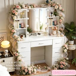 White Vanity Set, 3 Color Dimmable LED Mirror, 7 Drawers & 10 Shelves, with Stool, Bedroom Makeup Dresser