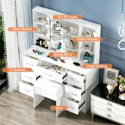 White Vanity Set, 3 Color Dimmable LED Mirror, 7 Drawers & 10 Shelves, with Stool, Bedroom Makeup Dresser
