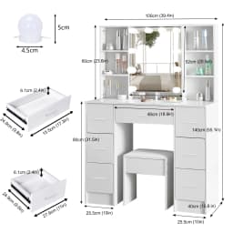 White Vanity Set, 3 Color Dimmable LED Mirror, 7 Drawers & 10 Shelves, with Stool, Bedroom Makeup Dresser