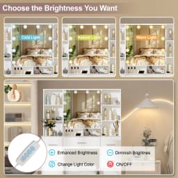White Vanity Set, 3 Color Dimmable LED Mirror, 7 Drawers & 10 Shelves, with Stool, Bedroom Makeup Dresser