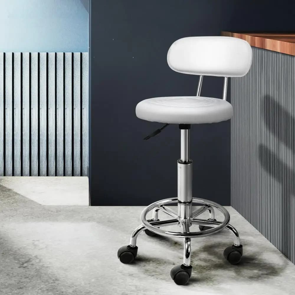 Adjustable White Salon Stool Swivel Chair with Backrest for Beauty Spa Workstation