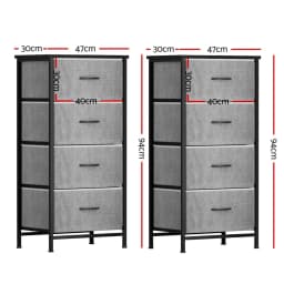 Set of 2 Grey Tallboy Storage Dressers with 4 Drawers Bedroom Chest Organizer