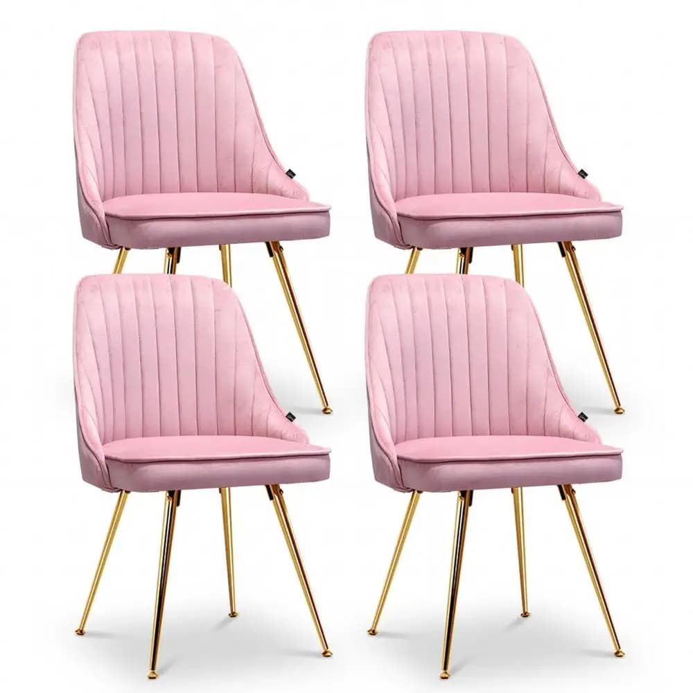 Pink Velvet Channel Tufted Dining Chair Set of 4 Modern Upholstered Accent Chairs for Dining Room and Kitchen