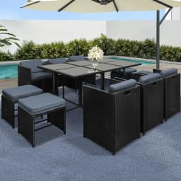 11 Piece Outdoor Wicker Dining Set Black Patio Table and Chairs with Cushions