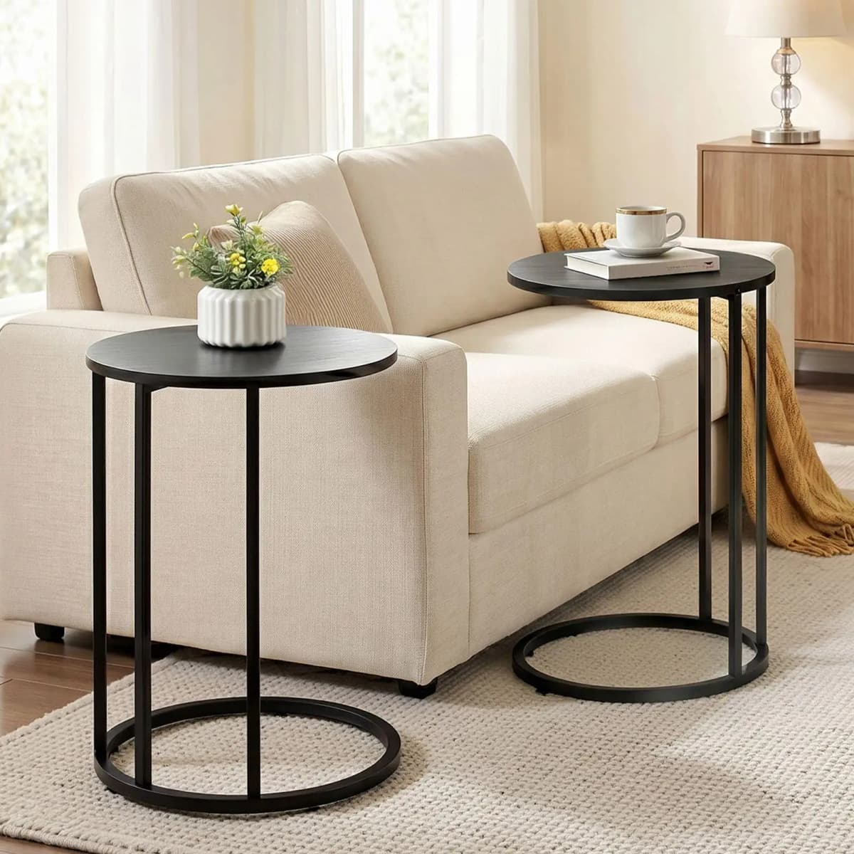 C Shaped End Table Set of 2 Round Black Coffee Side Tables for Living Room Bedroom Sofa Snack Laptop Use