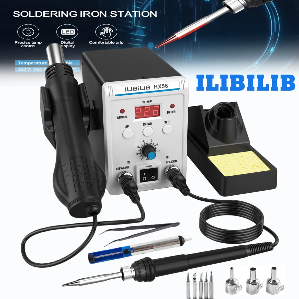 ILIBILIB 700W Solder Rework Station 2 in 1 Soldering Iron Kit Hot Air Heat Gun Station
