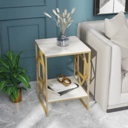LUVODI Modern 2-Tier Storage Coffee Side Table with Sintered Stone Tabletop Metal Frame Square Living Room Sofa End Tables