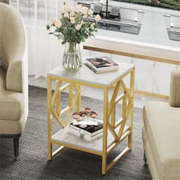 LUVODI Modern 2-Tier Storage Coffee Side Table with Sintered Stone Tabletop Metal Frame Square Living Room Sofa End Tables