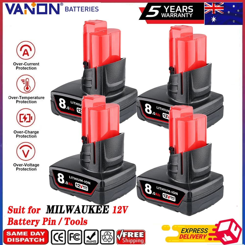 1/2/4Pcs 8.0Ah M12 Replace for Milwaukee 12V Li-on Battery Pin 48-11-2401 48-11-2412 48-11-2411 Suit for Cordless Power Tools