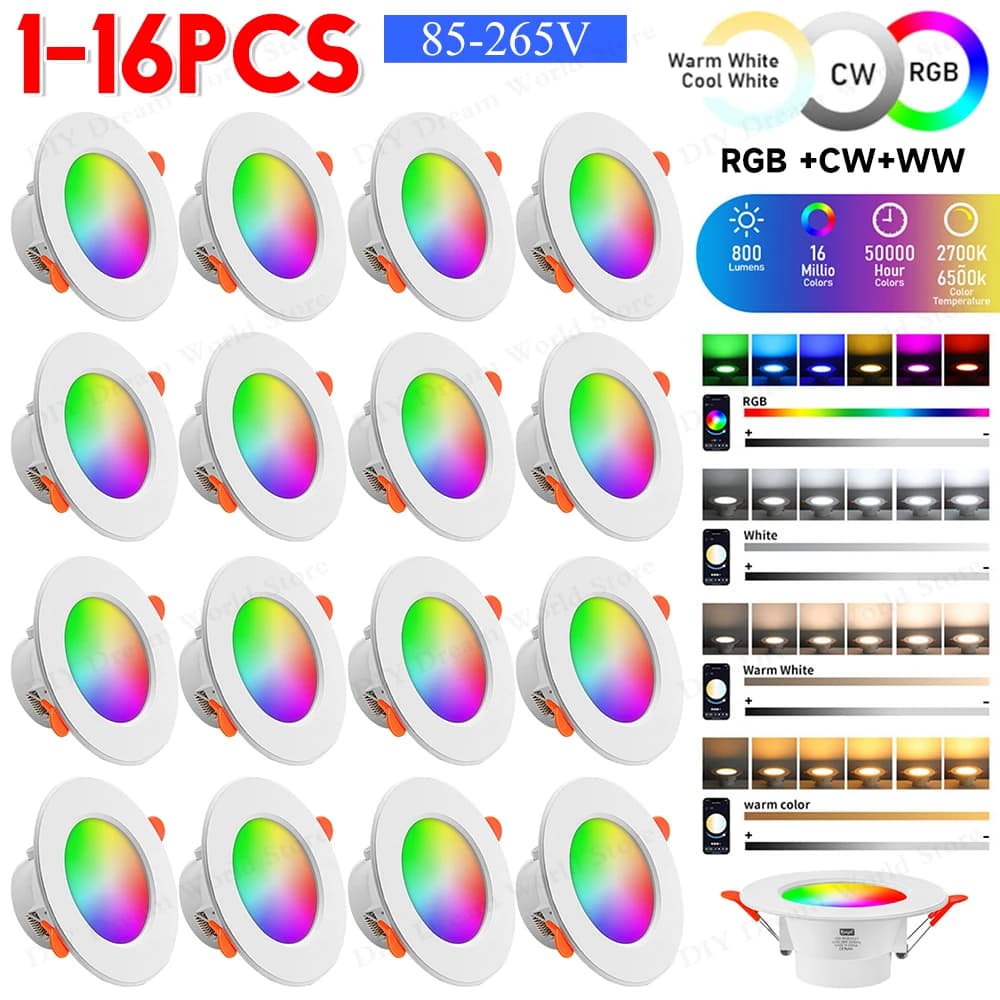 1-16PCS 10W Smart LED Downlight Bluetooth Ceiling Lamp RGB CCT Lamp APP Remote Control Color Changing light for Google Alexa Hom