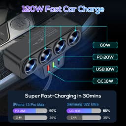 120W 7 in 1 Car Charger Adapter PD 4 Socket Cigarette Lighter Splitter Fast Charger Power Adapter DC 12-24V Auto Accessories