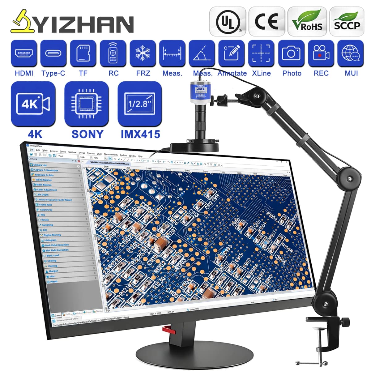 YIZHAN 4K Electronic Digital Microscope For Soldering IMX415 Sensor HDMI USB VGA Anti-vibration Mount With Software 150x Lens