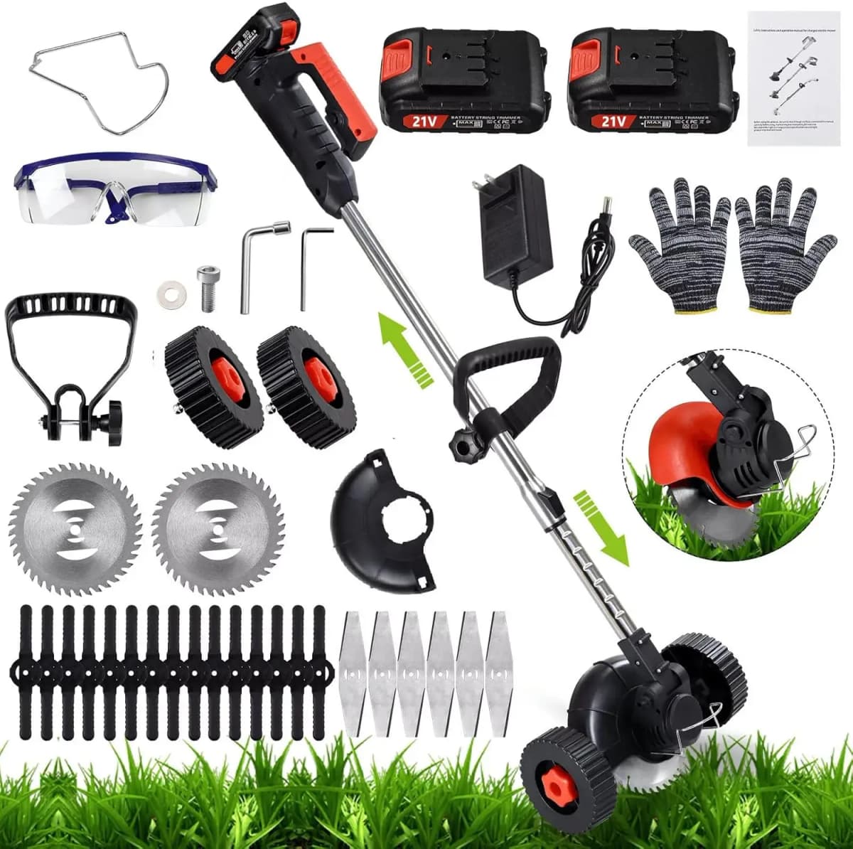 Electric Weed Wacker Battery Powered,( ordless Weed Trimmer with 21V Battery Operated Charger Wheels 26 Blades, No-String Brush