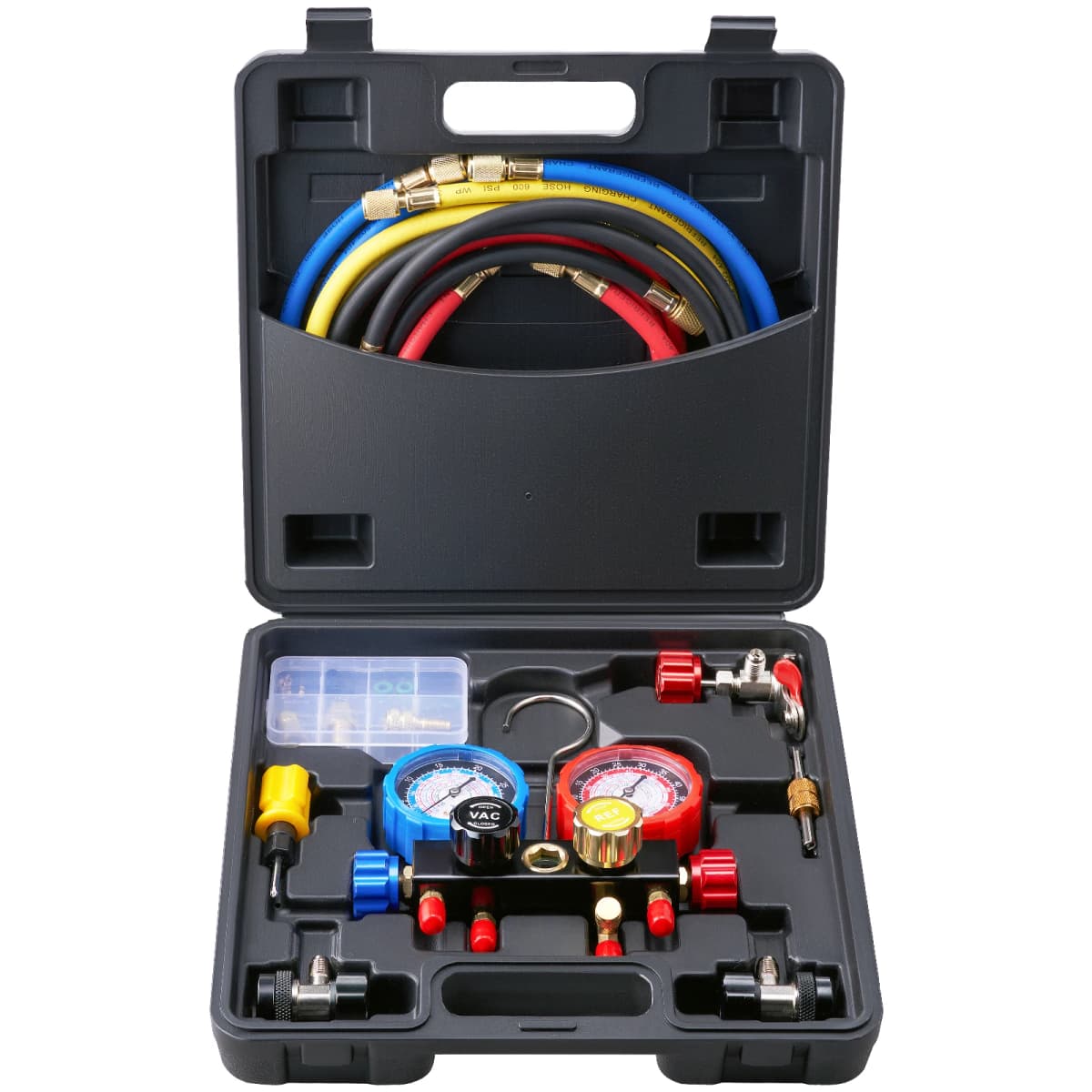 SucceBuy 4 Way AC Gauge-AC Manifold Gauge Set 5ft Hoses for R134A/R22/R12/R410A Work on Car Auto Freon Charging and Evacuation
