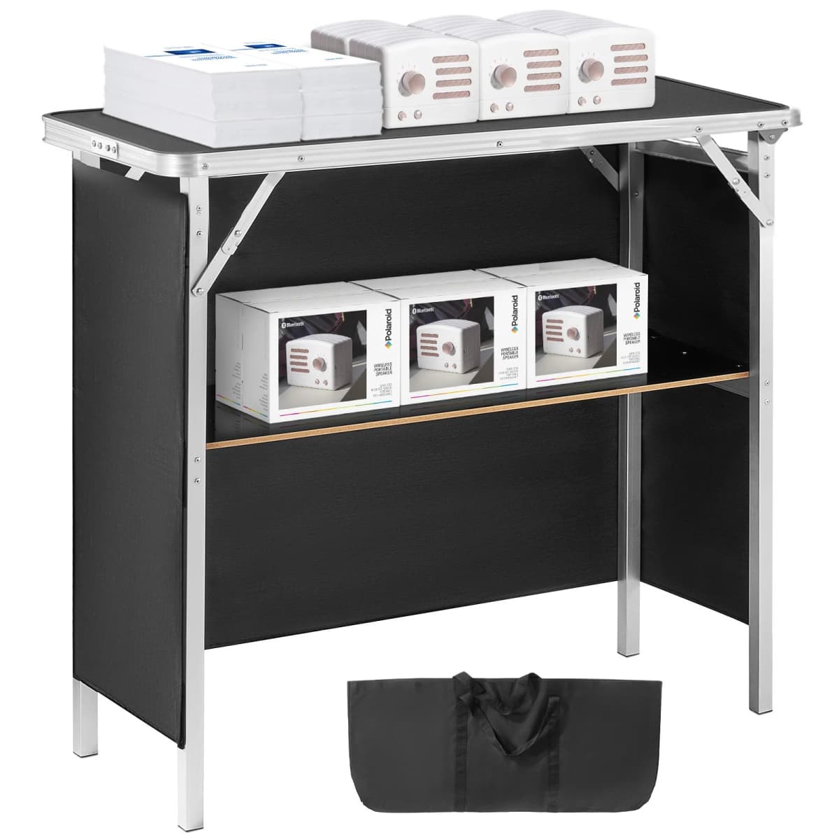 SucceBuy Folding Portable Bar Table Tradeshow Podium Table for Party Picnic Exhibition Include Storage Shelf Carrying Case Skirt