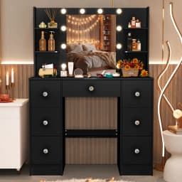 Black 7-Drawer Vanity Desk with 10 Led Lighted Mirror & Shelves, 3 Color Dimmable, Easy Assembly Bedroom Furniture for Women
