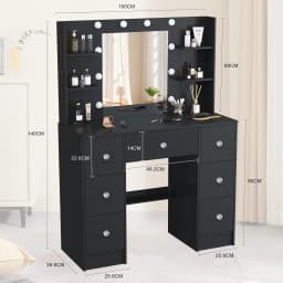 Black 7-Drawer Vanity Desk with 10 Led Lighted Mirror & Shelves, 3 Color Dimmable, Easy Assembly Bedroom Furniture for Women