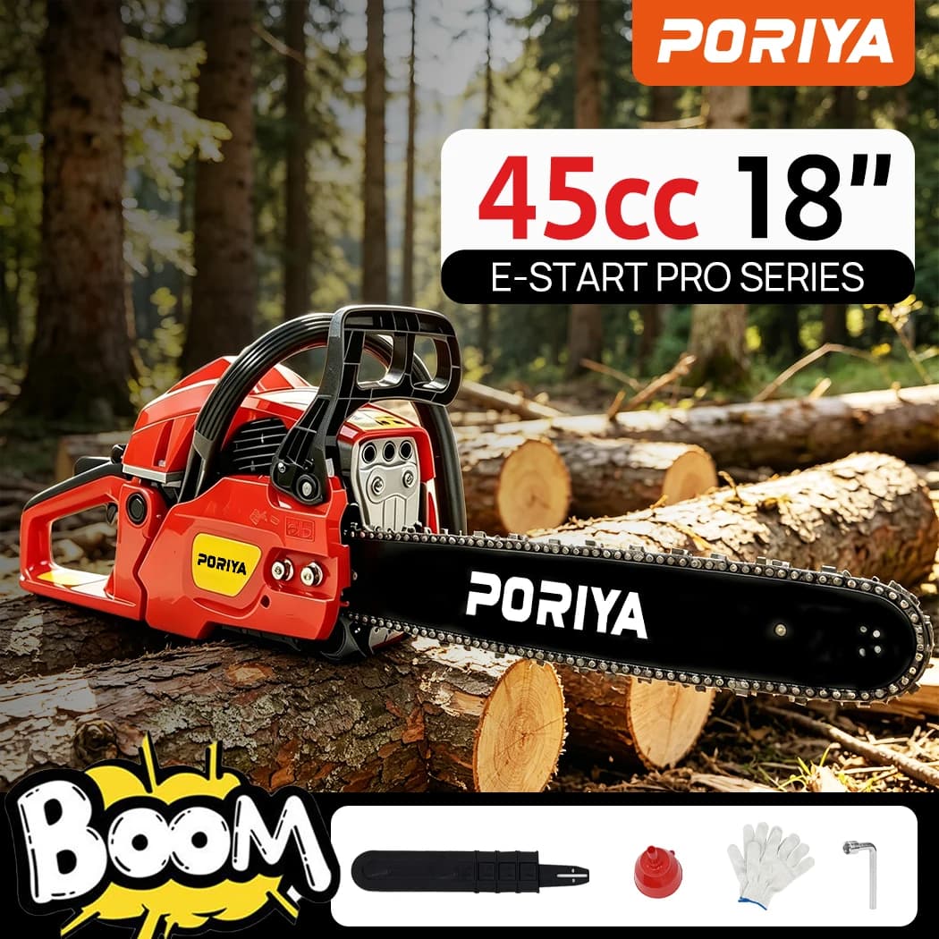 PORIYA 45cc Petrol Chainsaw Commercial 18" Bar Chain Saw E-Start Tree Pruning