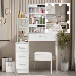 White Wooden Vanity Dressing Table Set with Adjust the Lighting LED Lights Sliding Mirror & Stool Storage Desk Cosmetic Bedroom