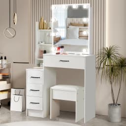 White Wooden Vanity Dressing Table Set with Adjust the Lighting LED Lights Sliding Mirror & Stool Storage Desk Cosmetic Bedroom