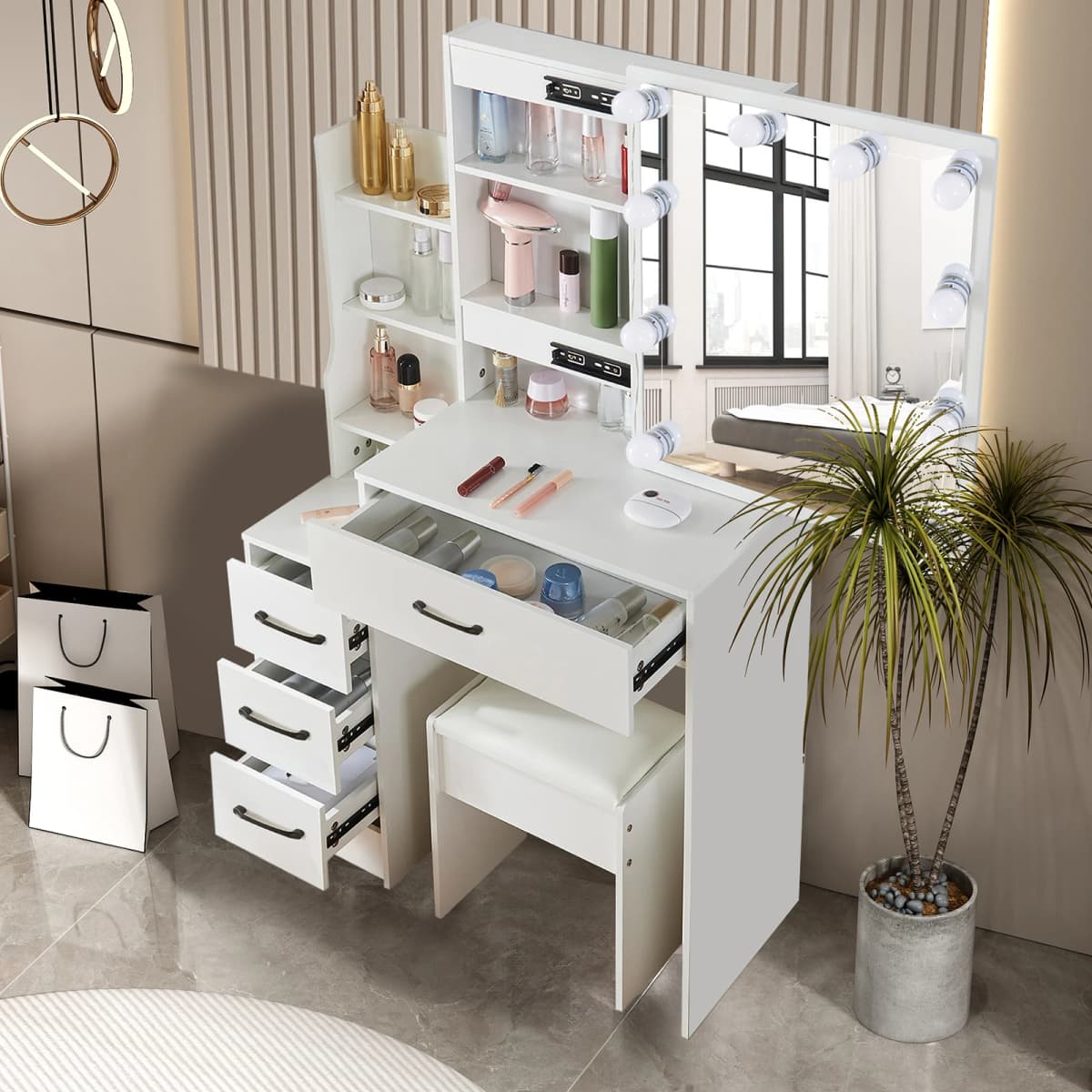 White Wooden Vanity Dressing Table Set with Adjust the Lighting LED Lights Sliding Mirror & Stool Storage Desk Cosmetic Bedroom
