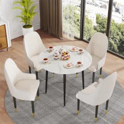 Simple Round Dining Table Glossy High End Real Stone Top with Black Metal Legs