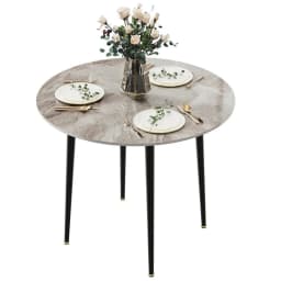 Simple Round Dining Table Glossy High End Real Stone Top with Black Metal Legs