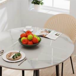 Simple Round Dining Table Glossy High End Real Stone Top with Black Metal Legs
