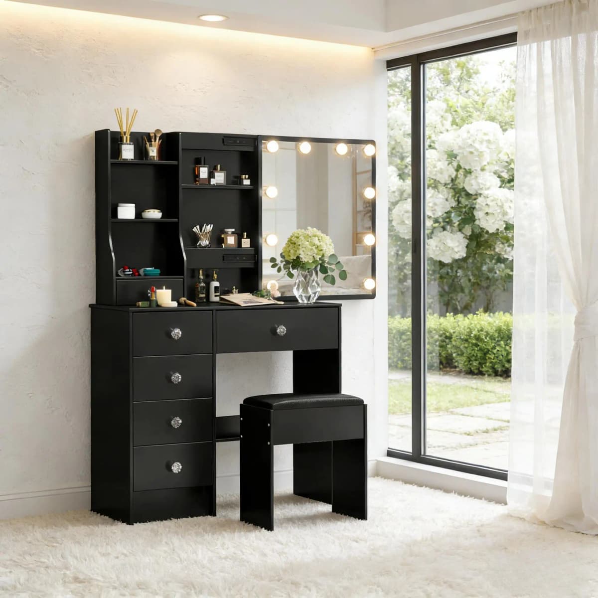 Black Modern Vanity Set with Led Sliding Mirror, 6 Drawers & Stool, 3 Color Dimmable & Easy Assembly Bedroom Makeup Desk