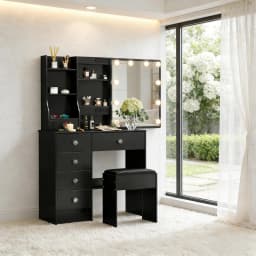 Black Modern Vanity Set with Led Sliding Mirror, 6 Drawers & Stool, 3 Color Dimmable & Easy Assembly Bedroom Makeup Desk