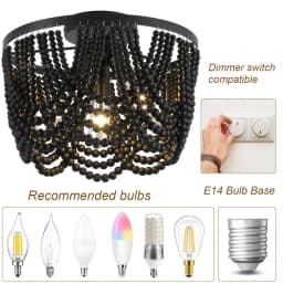 Black Wooden Beads Ceiling Chandelier Small 3 Lights Boho Semi Flush Mount Ceiling Chandelier For Dinning Room Bedroom Hallway