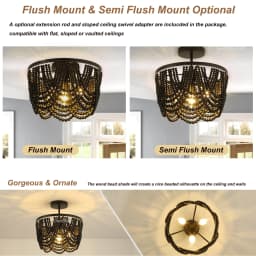 Black Wooden Beads Ceiling Chandelier Small 3 Lights Boho Semi Flush Mount Ceiling Chandelier For Dinning Room Bedroom Hallway