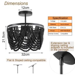 Black Wooden Beads Ceiling Chandelier Small 3 Lights Boho Semi Flush Mount Ceiling Chandelier For Dinning Room Bedroom Hallway