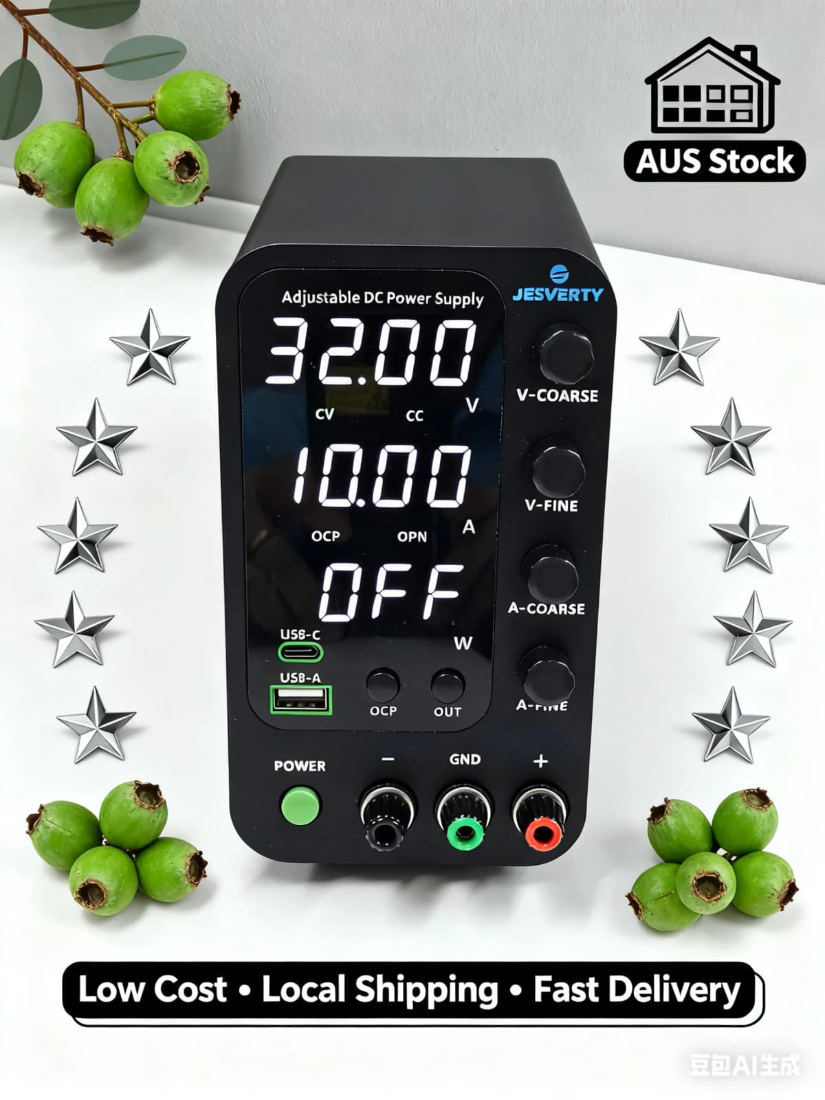 Shipping From Austra JESVERTY 0-32V 0-10A Switching Bench Power Supply with 20W USB Type-C Charge, 4-Digit LED Display SPS-3010V