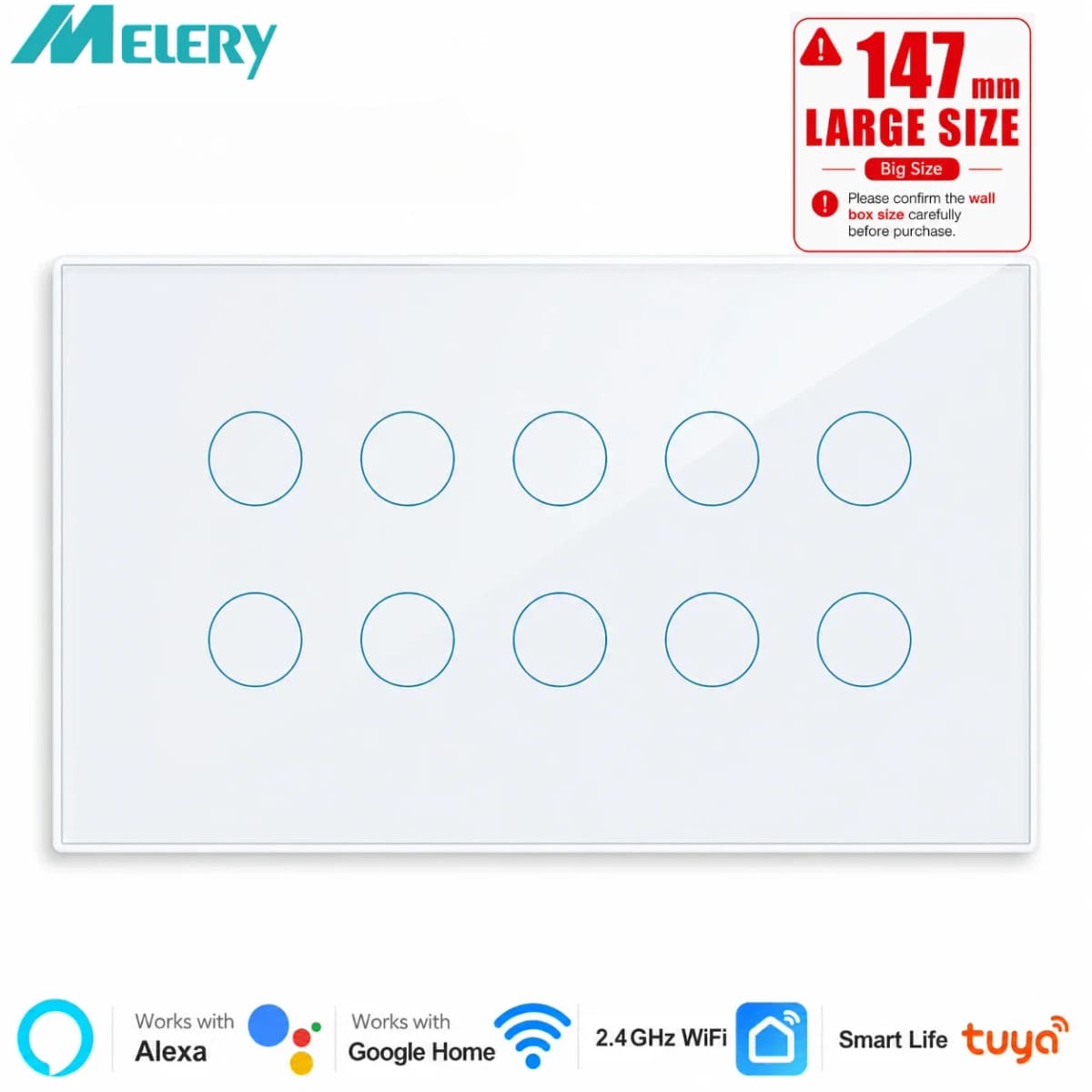 Melery Smart Life WIFI Light Wall Switch Touch 8/10Gang Glass Panel, Remote Voice Control Tuya  Alexa Google Home Assistant