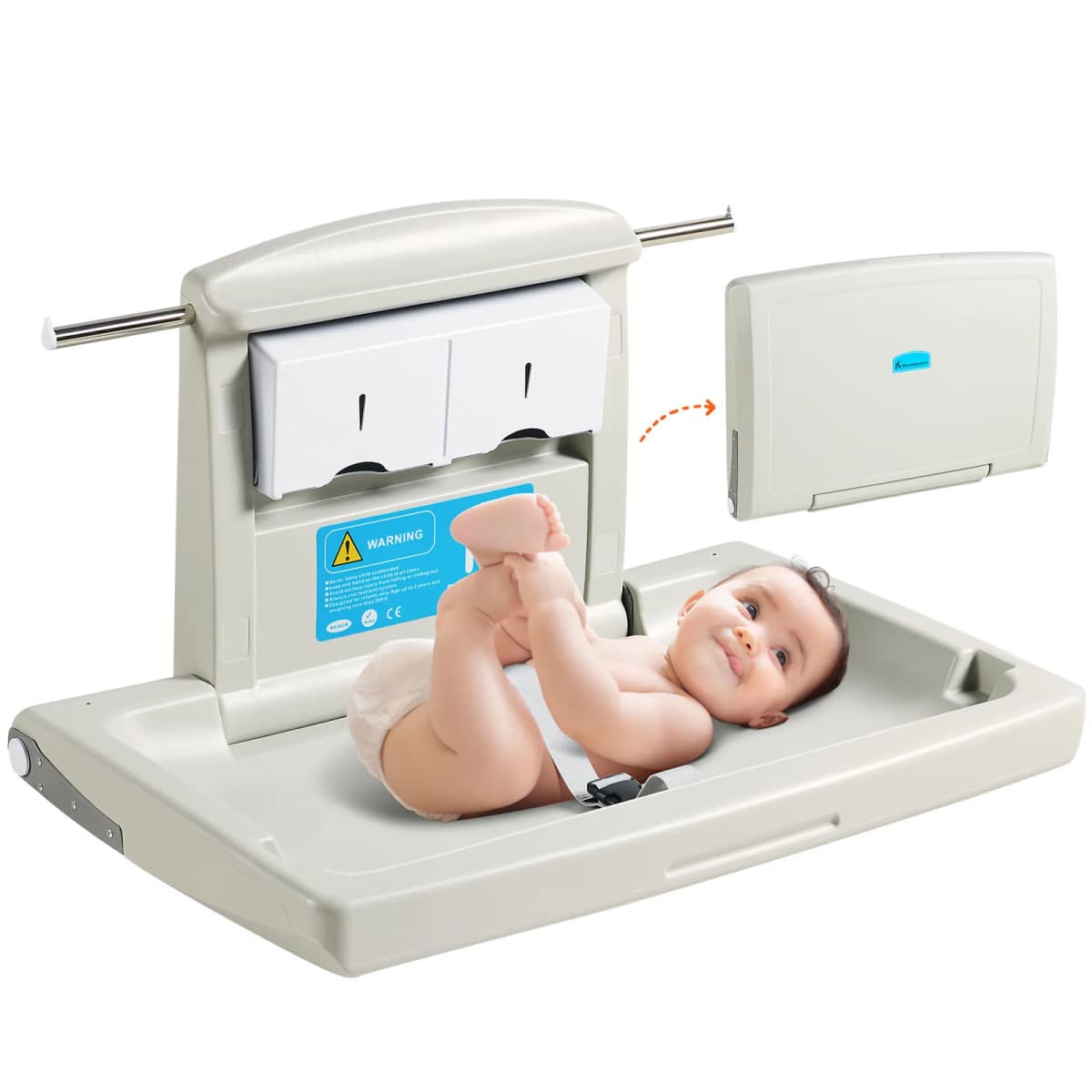 SucceBuy Wall-Mounted Baby Changing Station Horizontal Foldable Diaper Change Table Safety Straps and Hanging Rods for Newborns