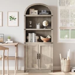 Arch Bookcase with Doors,Arched Bookshelf,1.82m Tall Bookcase Farmhouse Cabinet with Shelves Wooden Bookshelves for home office