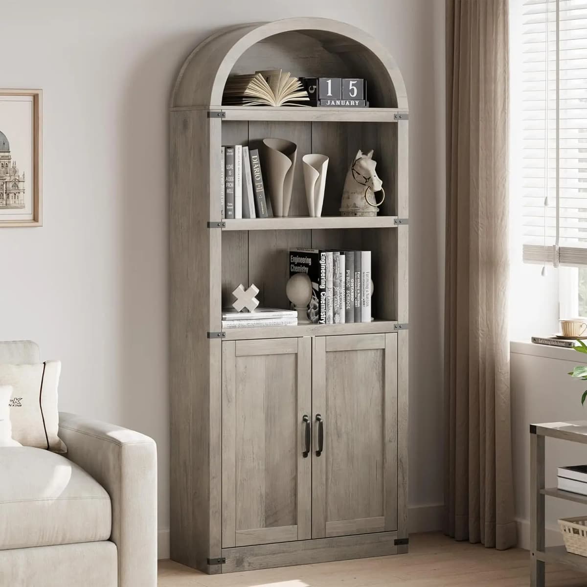 Arch Bookcase with Doors,Arched Bookshelf,1.82m Tall Bookcase Farmhouse Cabinet with Shelves Wooden Bookshelves for home office