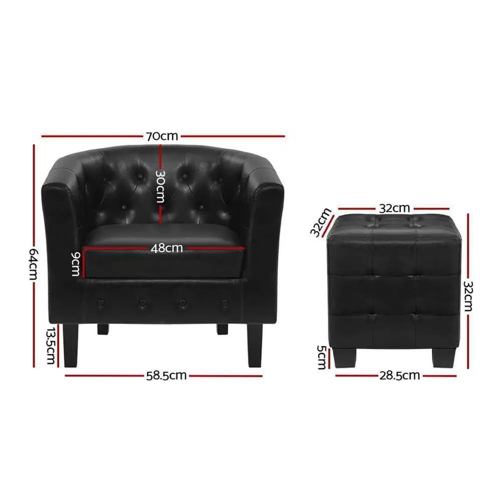 Modern Black Armchair Set with Ottoman Comfortable Upholstered Accent Chair for Living Room Lounge Bedroom Single Sofa Reading Chair Footrest Set