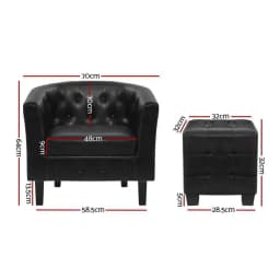 Modern Black Armchair Set with Ottoman Comfortable Upholstered Accent Chair for Living Room Lounge Bedroom Single Sofa Reading Chair Footrest Set