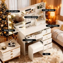 3-Color Dimmable LED Makeup Table with Mirror & Stool, 6-Drawer Storage Vanity Desk Set for Bedroom Dressing Area