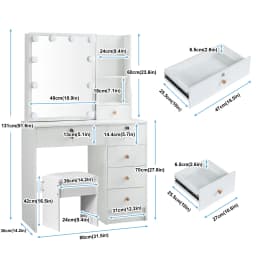 3-Color Dimmable LED Makeup Table with Mirror & Stool, 6-Drawer Storage Vanity Desk Set for Bedroom Dressing Area