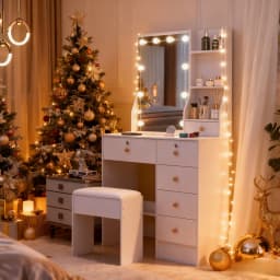 3-Color Dimmable LED Makeup Table with Mirror & Stool, 6-Drawer Storage Vanity Desk Set for Bedroom Dressing Area