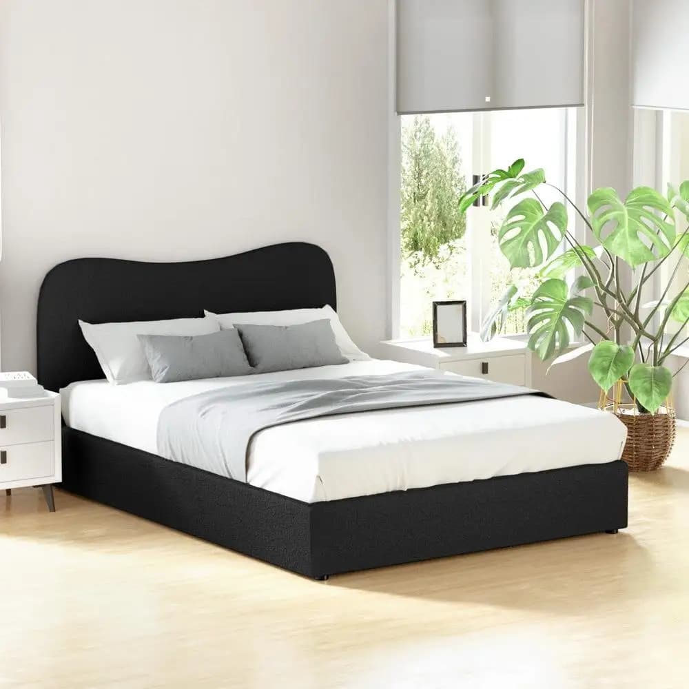 Double Size Boucle Upholstered Bed Frame Modern Fabric Platform Bed with Supportive Headboard and Wooden Slats for Bedroom Decor