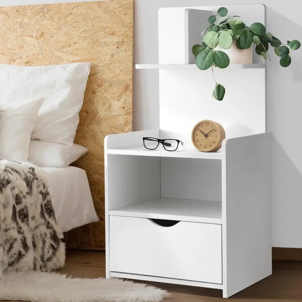 White Bedside Table 1 Drawer with Open Shelves Modern Nightstand Storage Cabinet for Bedroom Living Room End Table