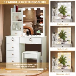 3 Color Lights White Makeup Vanity Desk with 6 Drawers, LED Dressing Table Set with Storage & Strip Light, Adjustable Color Temperature Mirror for Bedroom