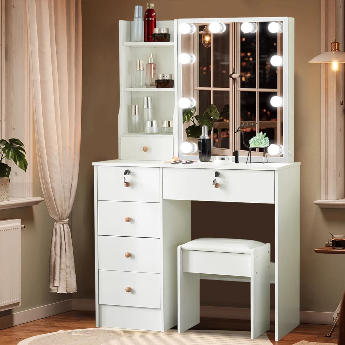 3 Color Lights White Makeup Vanity Desk with 6 Drawers, LED Dressing Table Set with Storage & Strip Light, Adjustable Color Temperature Mirror for Bedroom