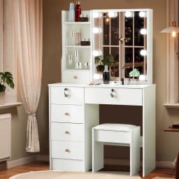 3 Color Lights White Makeup Vanity Desk with 6 Drawers, LED Dressing Table Set with Storage & Strip Light, Adjustable Color Temperature Mirror for Bedroom
